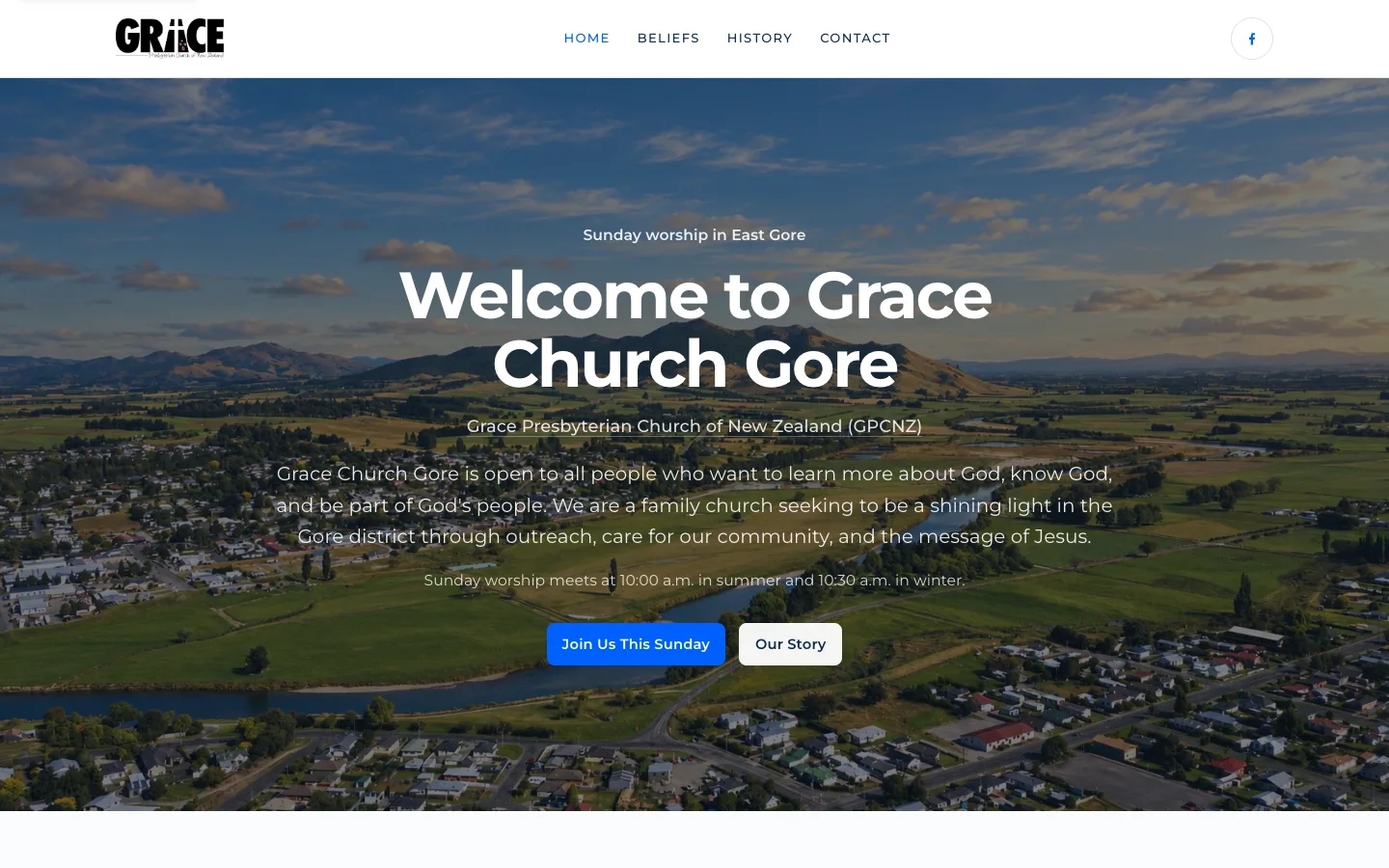Screenshot of the Grace Church Gore website homepage.